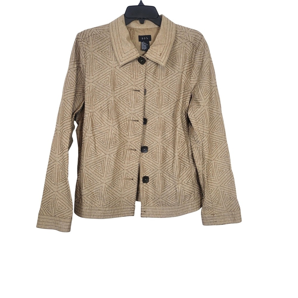 RQT‎ Womens Y2k Tan Embroidered Geometric Linen Blend Neutral Blazer Jacket 16